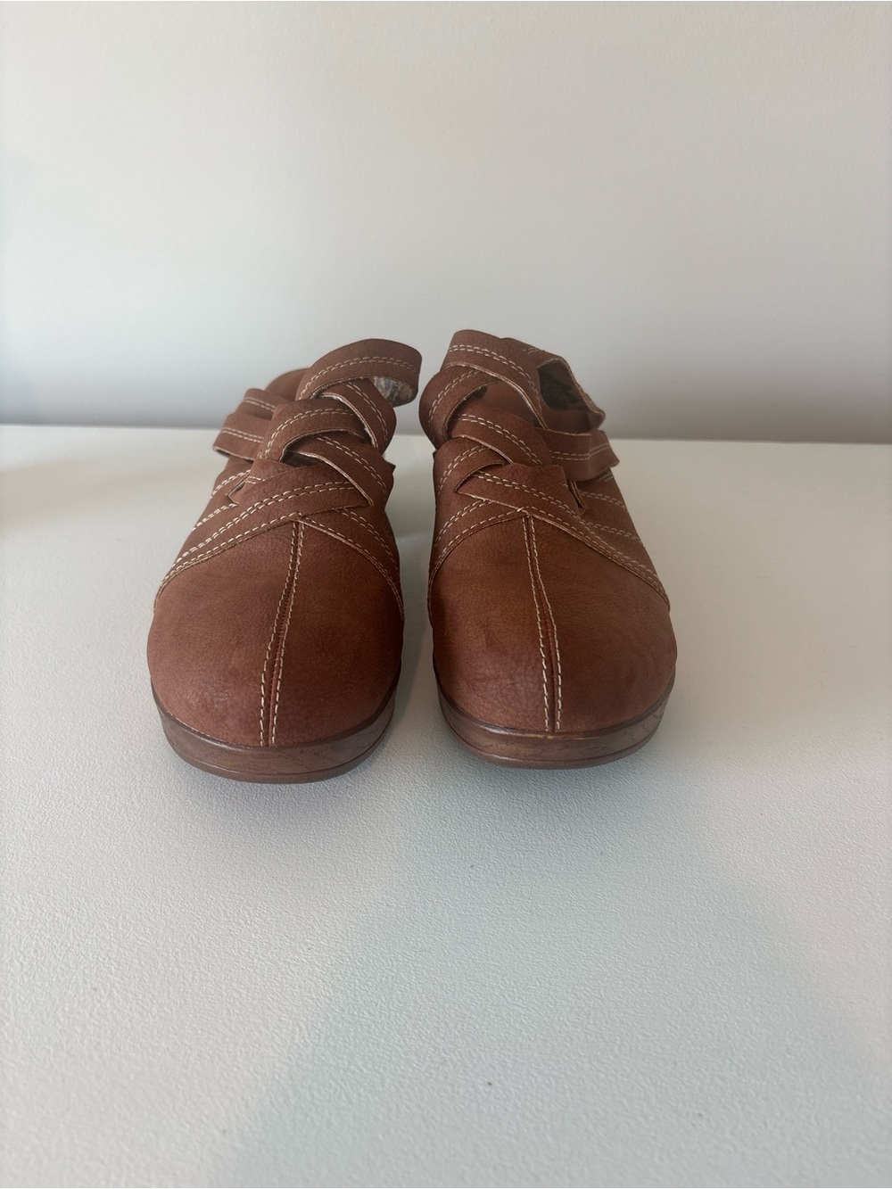 boc Brown Leather Wedge Clogs with Cross-Strap Detail